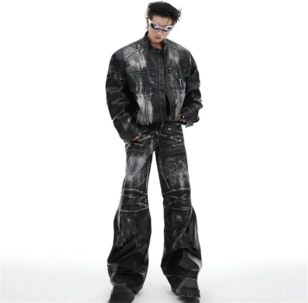 Mens Vintage Loose Motorcycle Leather Jacket And High Street Long Pants Set