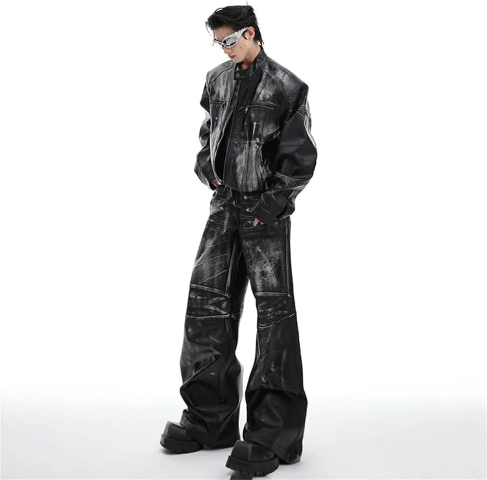 Mens Vintage Loose Motorcycle Leather Jacket And High Street Long Pants Set