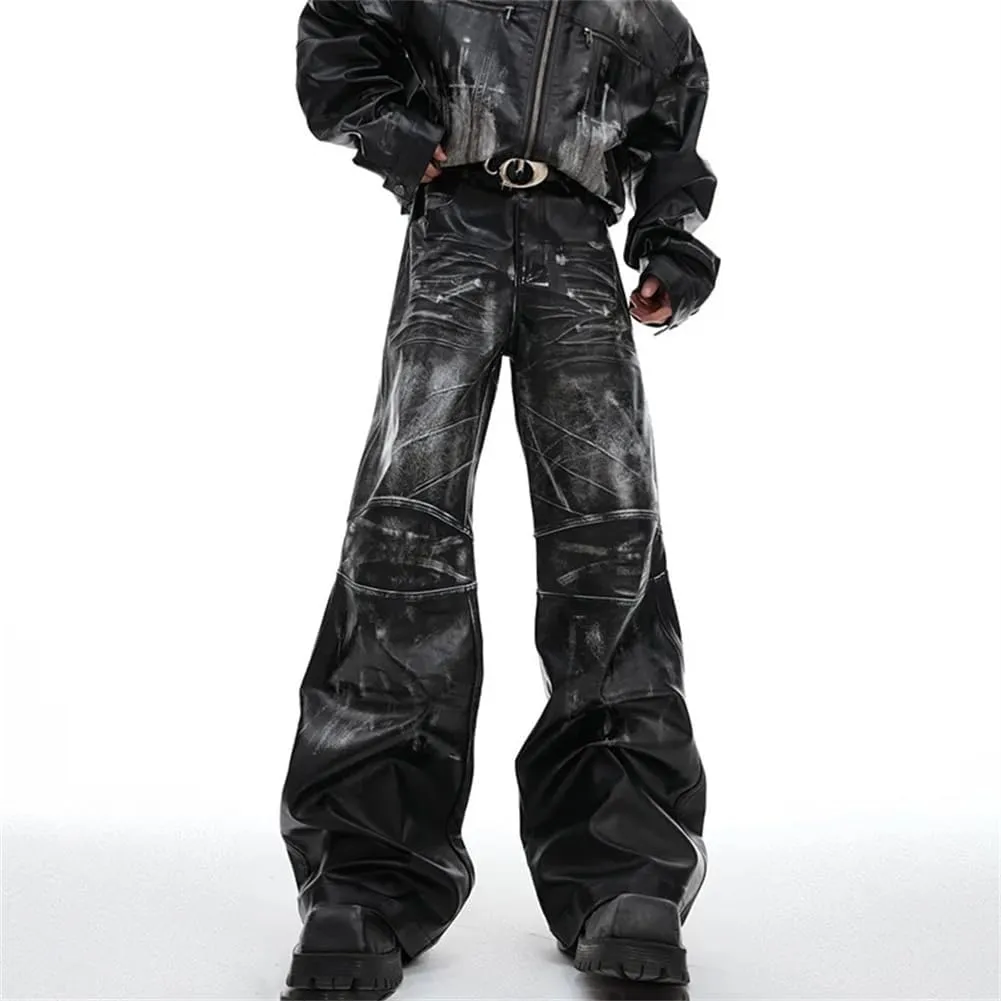 Mens Vintage Loose Motorcycle Leather Jacket And High Street Long Pants Set