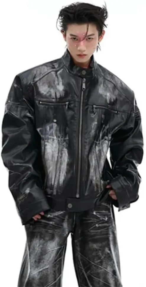 Mens Vintage Loose Motorcycle Leather Jacket And High Street Long Pants Set
