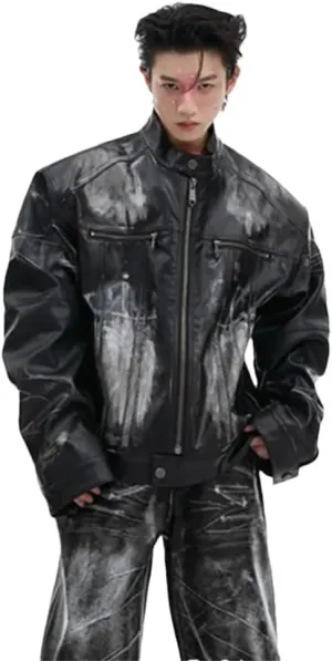 Mens Vintage Loose Motorcycle Leather Jacket And High Street Long Pants Set
