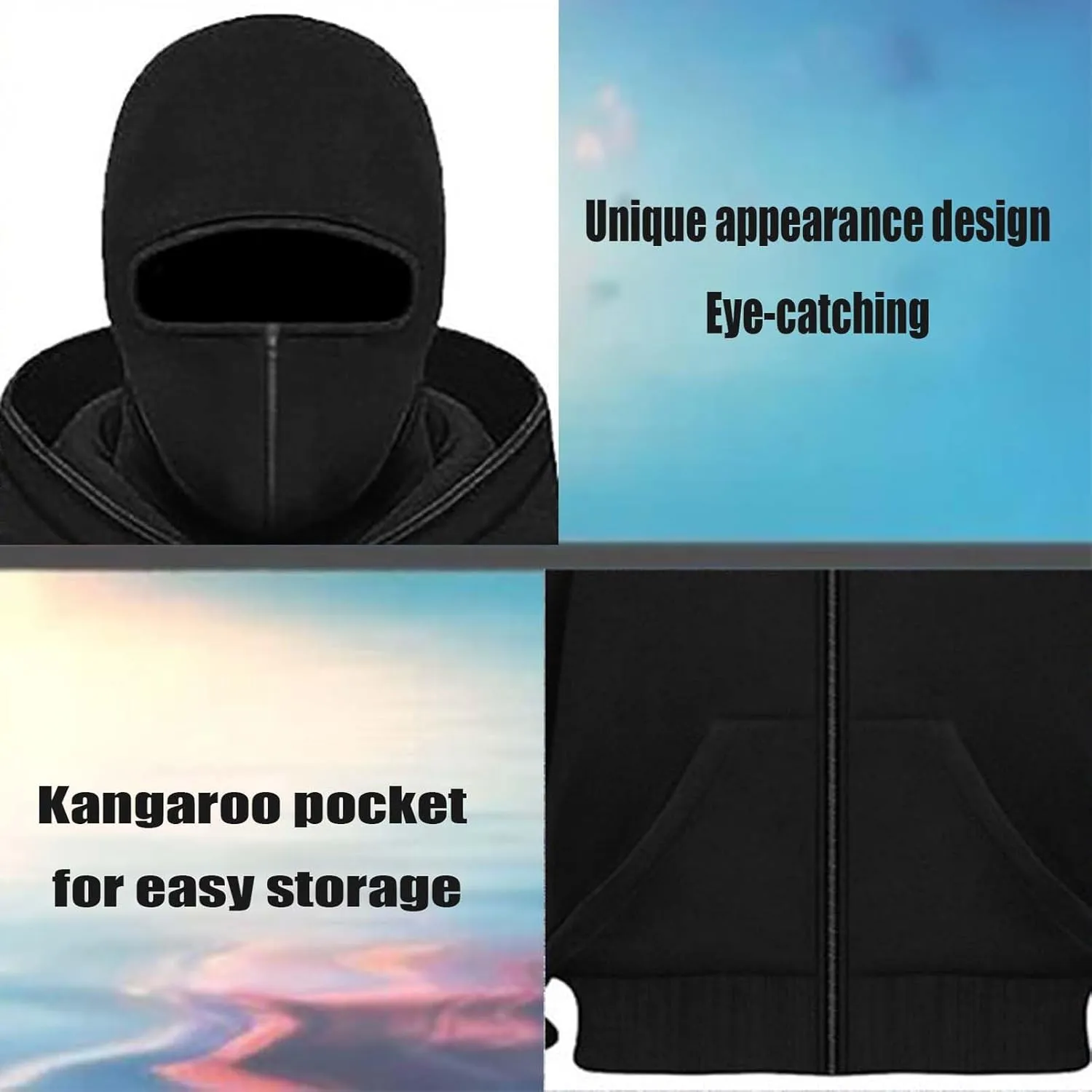 Mens Windproof Balaclava Hoodies Printing Outwear Tops Full Zip Street Wear Sport Jacket-BaiS||XXL
