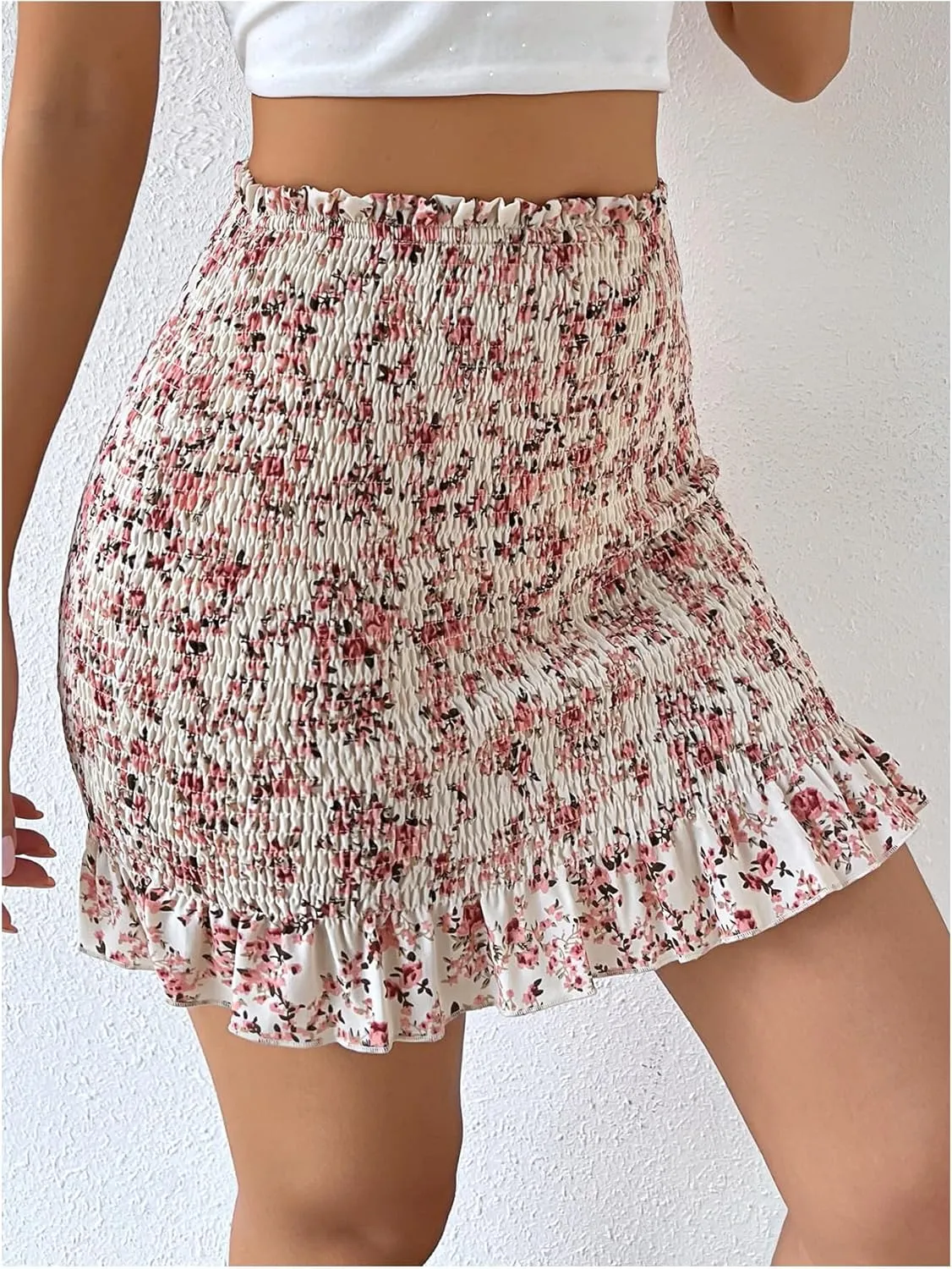 Milumia Women's Floral Print Smocked Ruffle Skirt Paperbag Waist Bodycon Mini Skirts