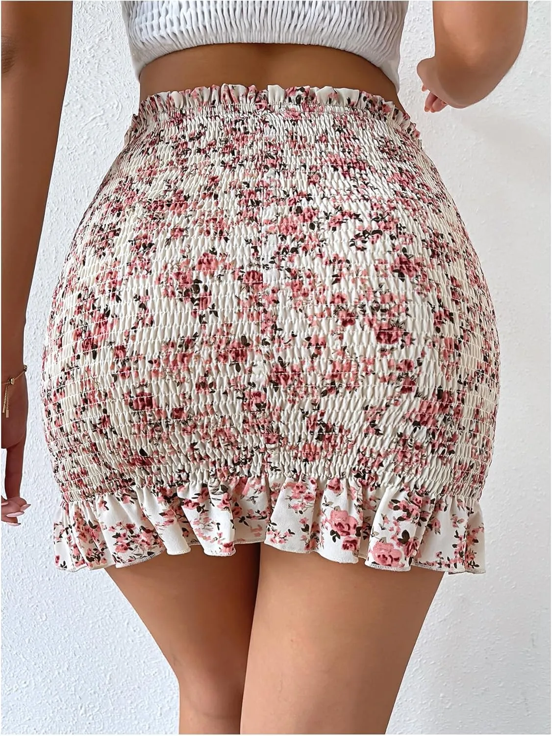 Milumia Women's Floral Print Smocked Ruffle Skirt Paperbag Waist Bodycon Mini Skirts