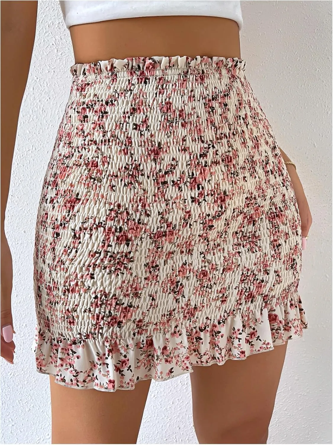 Milumia Women's Floral Print Smocked Ruffle Skirt Paperbag Waist Bodycon Mini Skirts