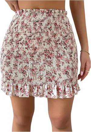 Milumia Women's Floral Print Smocked Ruffle Skirt Paperbag Waist Bodycon Mini Skirts