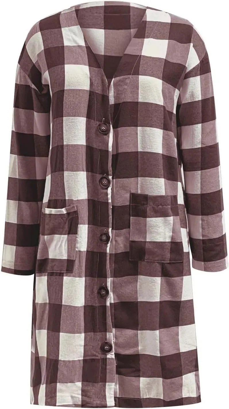 Mmoneyake Plaid Jacket for Woman 2024 Fall Long Shacket Casual Button Wool Blend Winter Tartan Trench Coat Lapel Woolen Coats