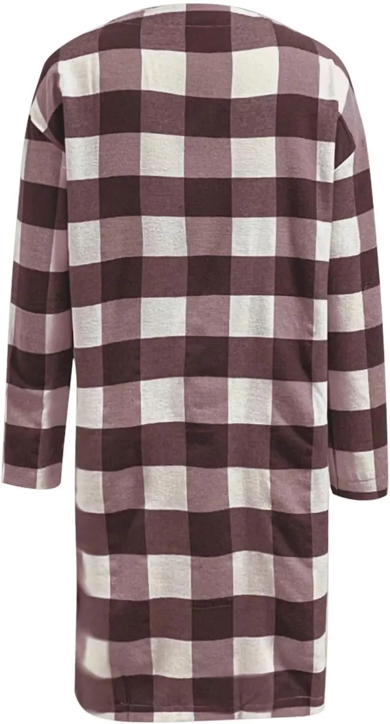 Mmoneyake Plaid Jacket for Woman 2024 Fall Long Shacket Casual Button Wool Blend Winter Tartan Trench Coat Lapel Woolen Coats