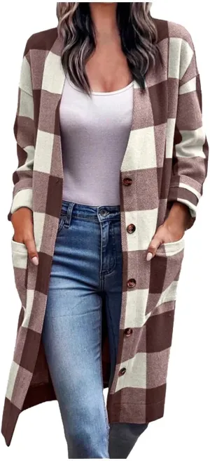 Mmoneyake Plaid Jacket for Woman 2024 Fall Long Shacket Casual Button Wool Blend Winter Tartan Trench Coat Lapel Woolen Coats
