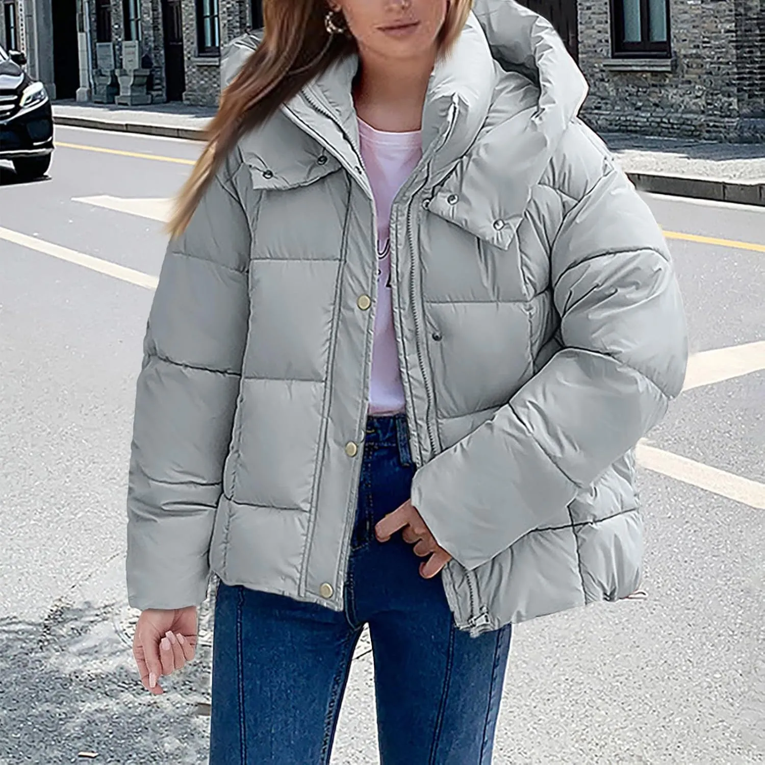 Mmoneyake Womens Hooded Quilted Puffer Jacket Full Zip Baggy Short Down Coats Padded Warm Winter Heavyweight Coat Outerwear