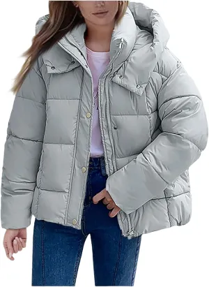 Mmoneyake Womens Hooded Quilted Puffer Jacket Full Zip Baggy Short Down Coats Padded Warm Winter Heavyweight Coat Outerwear