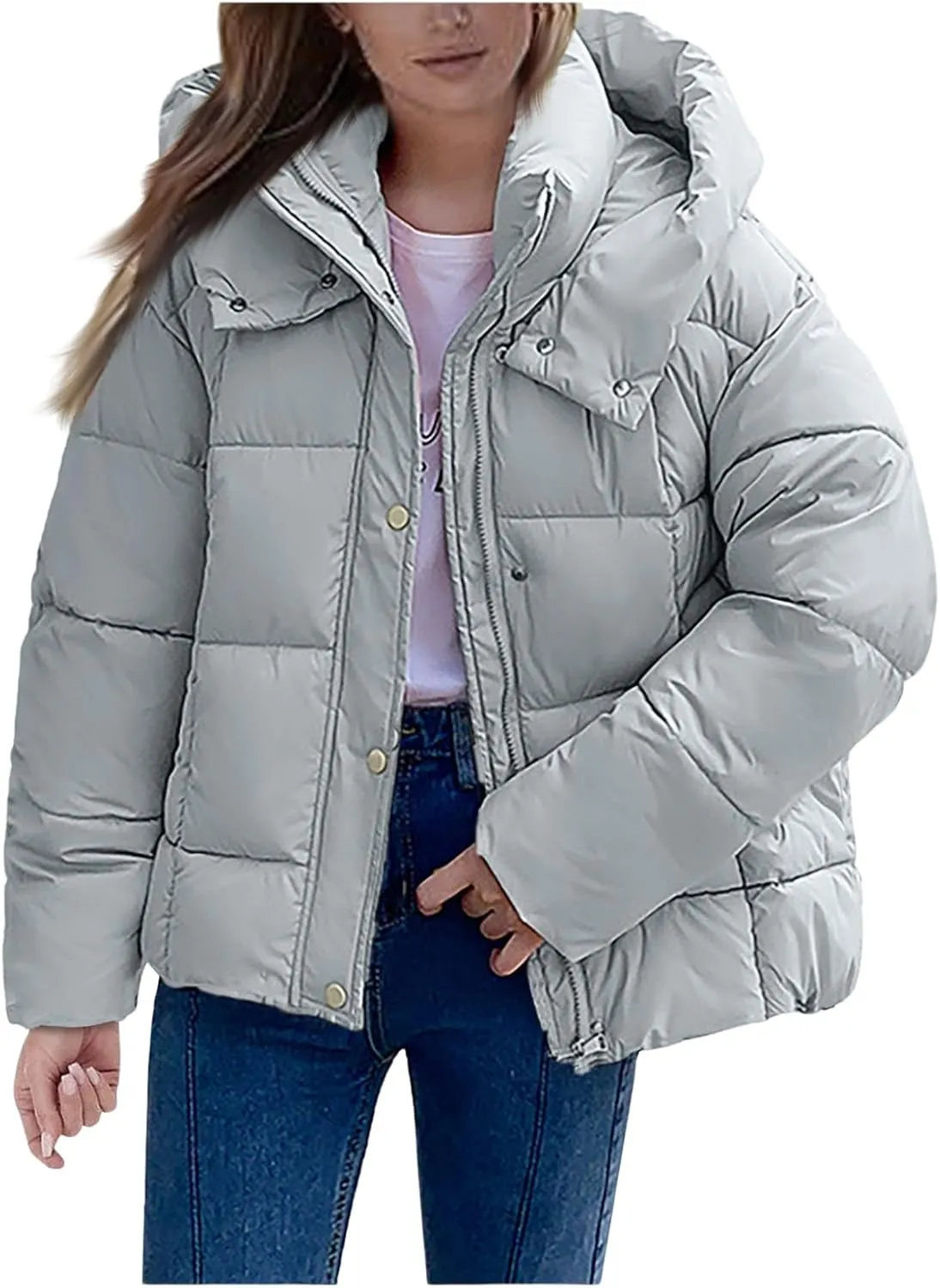 Mmoneyake Womens Hooded Quilted Puffer Jacket Full Zip Baggy Short Down Coats Padded Warm Winter Heavyweight Coat Outerwear