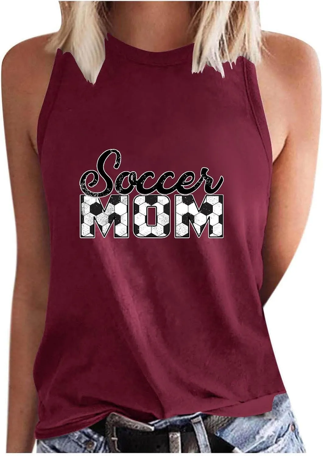 Mzkdieey Women's Soccer Mom Tank Tops Mama Shirts Game Day Tee Top Crewneck Sleeveless Summer Casual T-Shirts Blouses