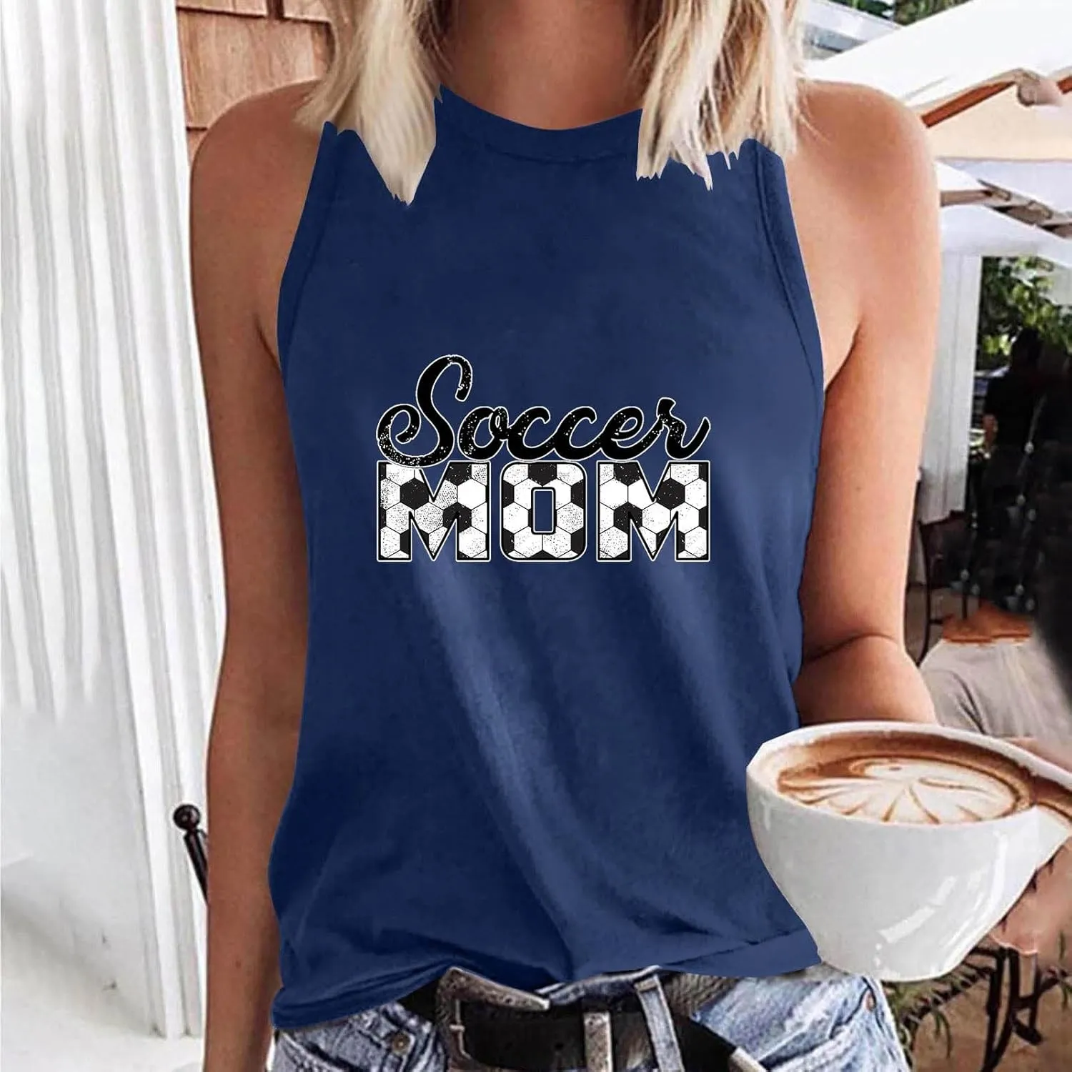Mzkdieey Women's Soccer Mom Tank Tops Mama Shirts Game Day Tee Top Crewneck Sleeveless Summer Casual T-Shirts Blouses
