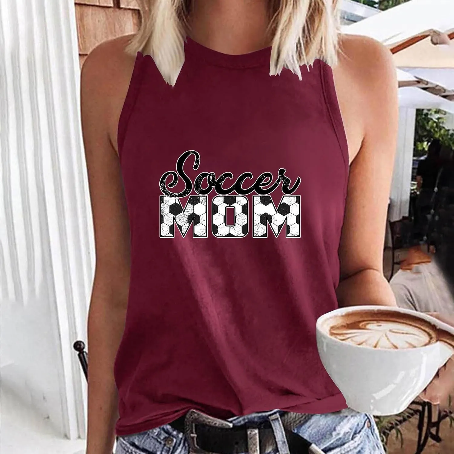 Mzkdieey Women's Soccer Mom Tank Tops Mama Shirts Game Day Tee Top Crewneck Sleeveless Summer Casual T-Shirts Blouses