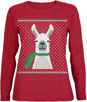 Old Glory Big Llama Ugly Christmas Sweater Holiday Xmas Funny Cute Animal Women’s Long Sleeve T-Shirt, Red, Cotton, 2X-Large