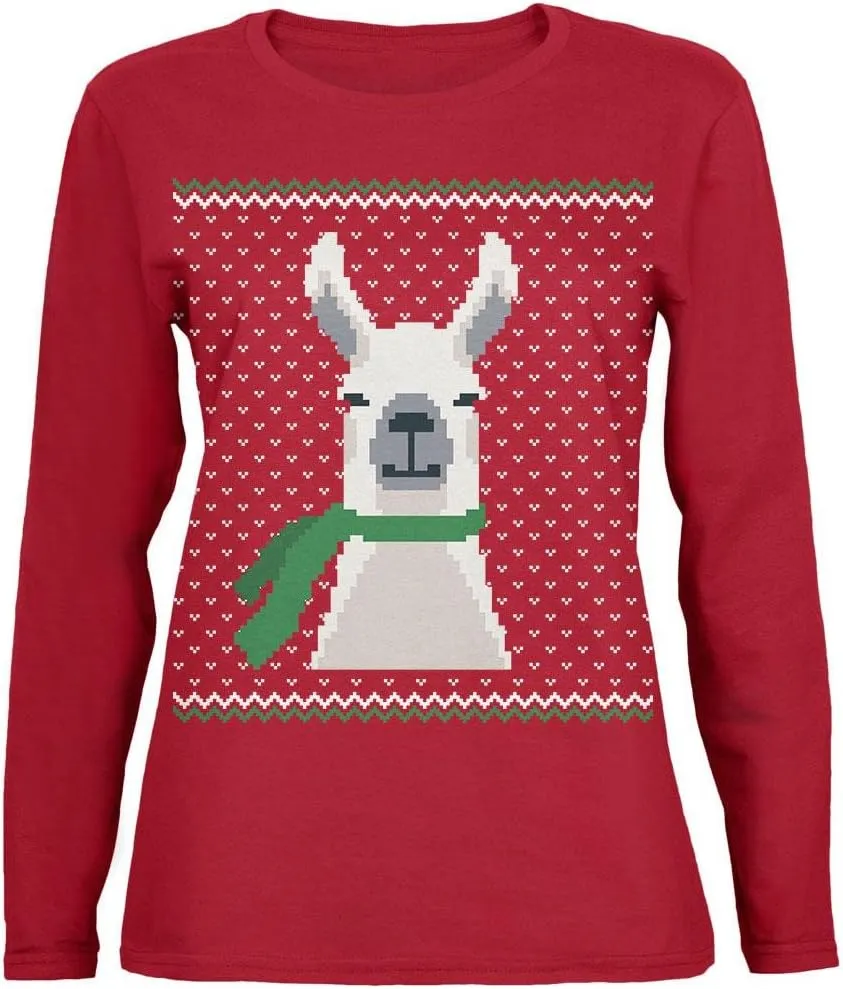 Old Glory Big Llama Ugly Christmas Sweater Holiday Xmas Funny Cute Animal Women’s Long Sleeve T-Shirt, Red, Cotton, 2X-Large