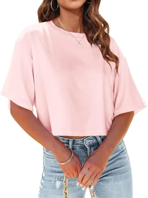 Oversized Cropped T Shirts for Women Crew Neck Short Sleeve Tops Casual Loose Summer Solid Color Basic Tees