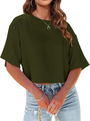 Oversized Cropped T Shirts for Women Crew Neck Short Sleeve Tops Casual Loose Summer Solid Color Basic Tees
