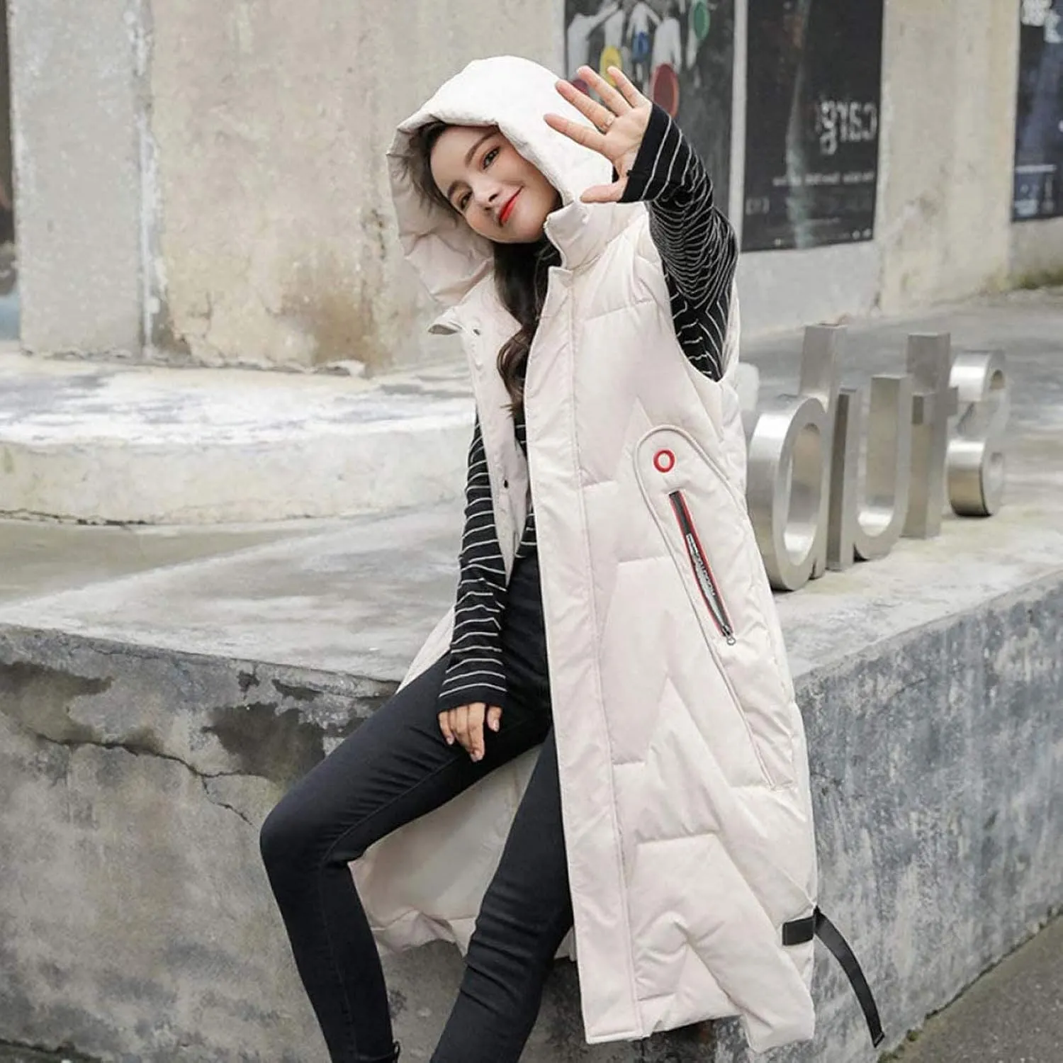 Oversized Long Puffer Jacket Vest for Women Fashion Knee Length Street Style Down Coat Casual Versatile Winter Coats