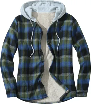 Plaid Hoodies Jackets for Men Relaxed Fit Zip Up Long Sleeve Fleece Lined Casual Plaid Jacket Color Block Stitching Warm