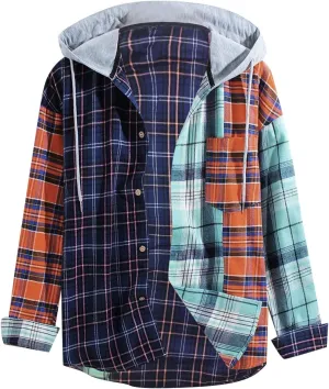 Plaid Hoodies Jackets for Men Relaxed Fit Zip-Up Long Sleeve Fleece Lined Casual Plaid Jacket Color Block Stitching