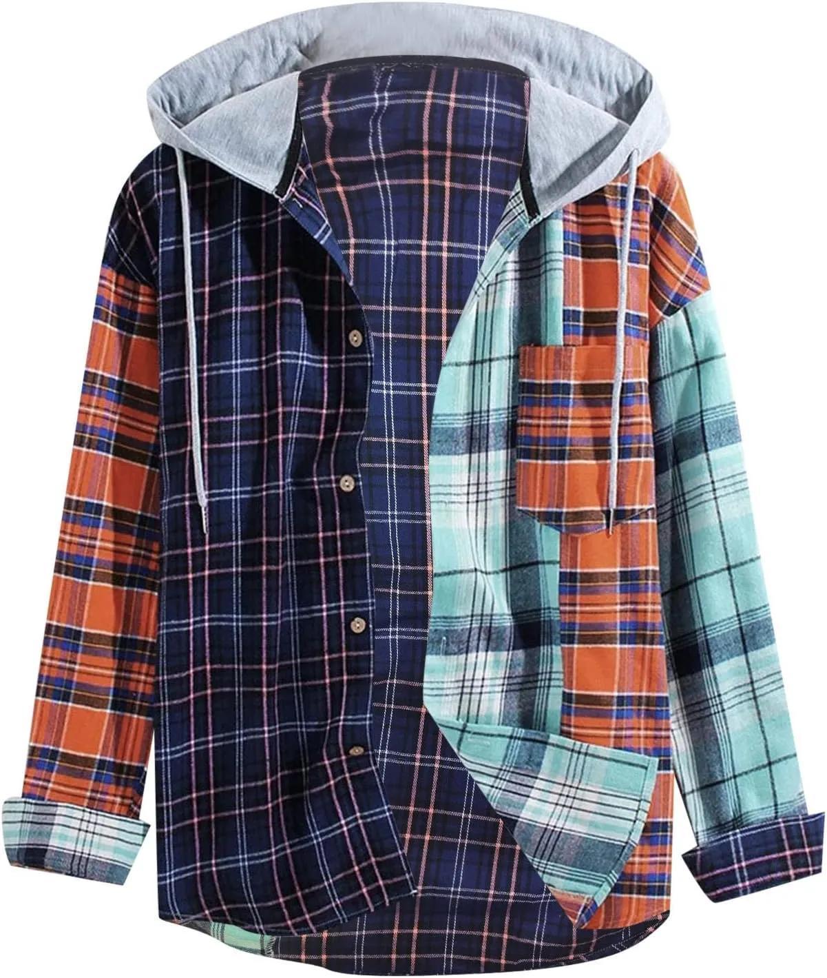 Plaid Hoodies Jackets for Men Relaxed Fit Zip-Up Long Sleeve Fleece Lined Casual Plaid Jacket Color Block Stitching