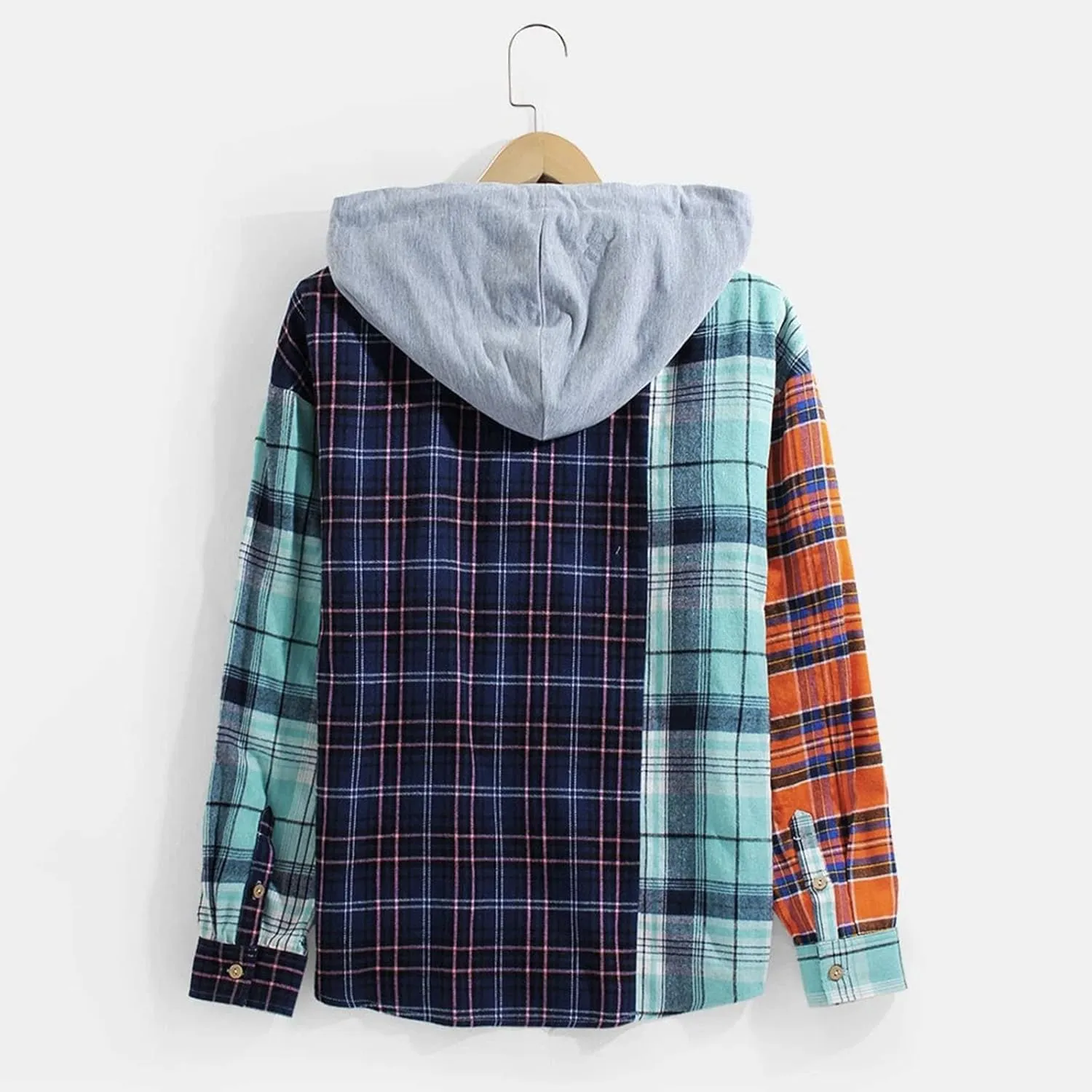 Plaid Hoodies Jackets for Men Relaxed Fit Zip-Up Long Sleeve Fleece Lined Casual Plaid Jacket Color Block Stitching
