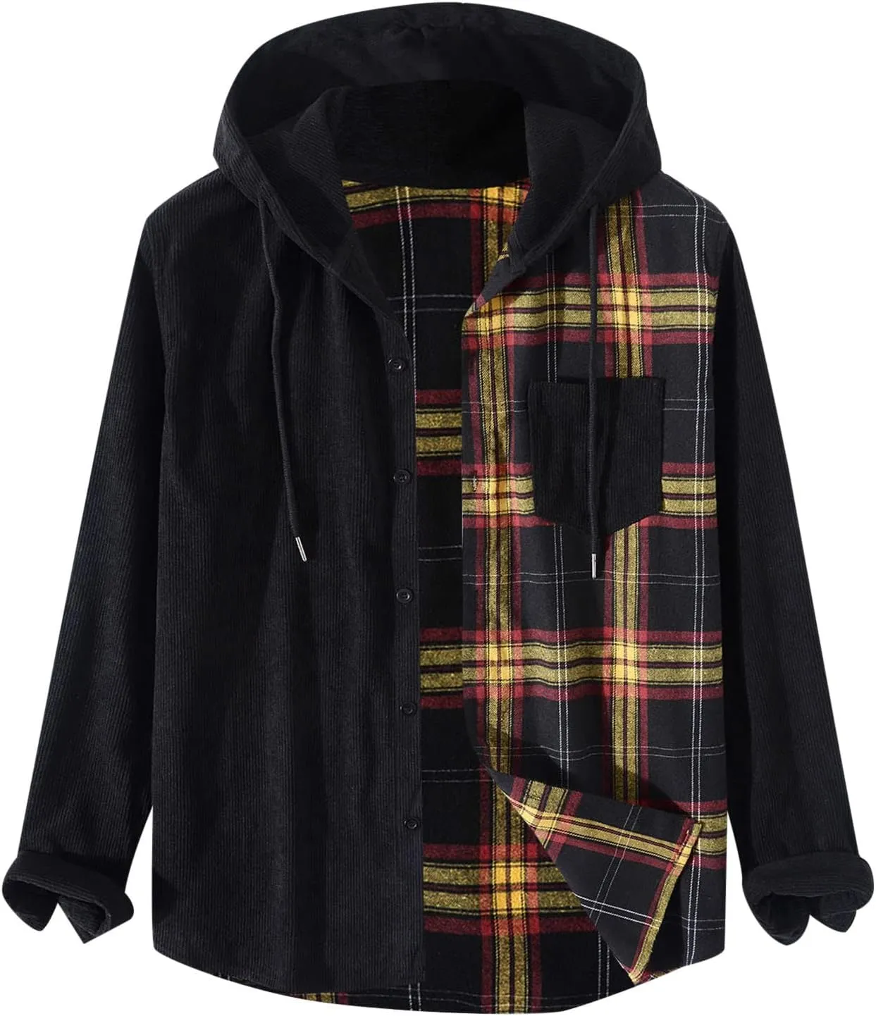 Plaid Hoodies Jackets for Men Relaxed Fit Zip-Up Long Sleeve Fleece Lined Casual Plaid Jacket Color Block Stitching