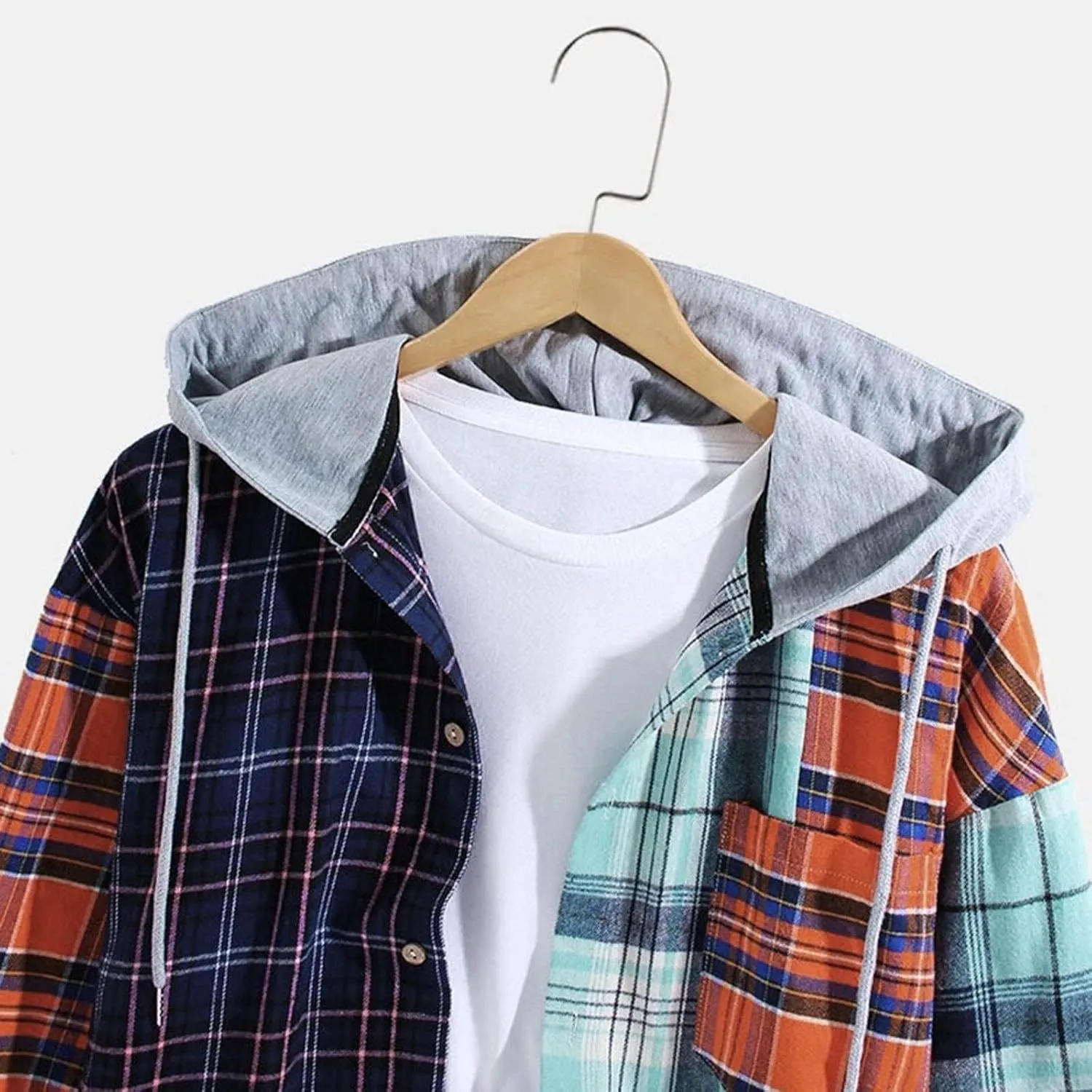 Plaid Hoodies Jackets for Men Relaxed Fit Zip-Up Long Sleeve Fleece Lined Casual Plaid Jacket Color Block Stitching
