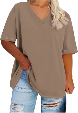 Plus Size Oversized T Shirts Women Fahsion V Neck Short Sleeve Drop Shoulder Tshirt Casual Summer Tunic Tops