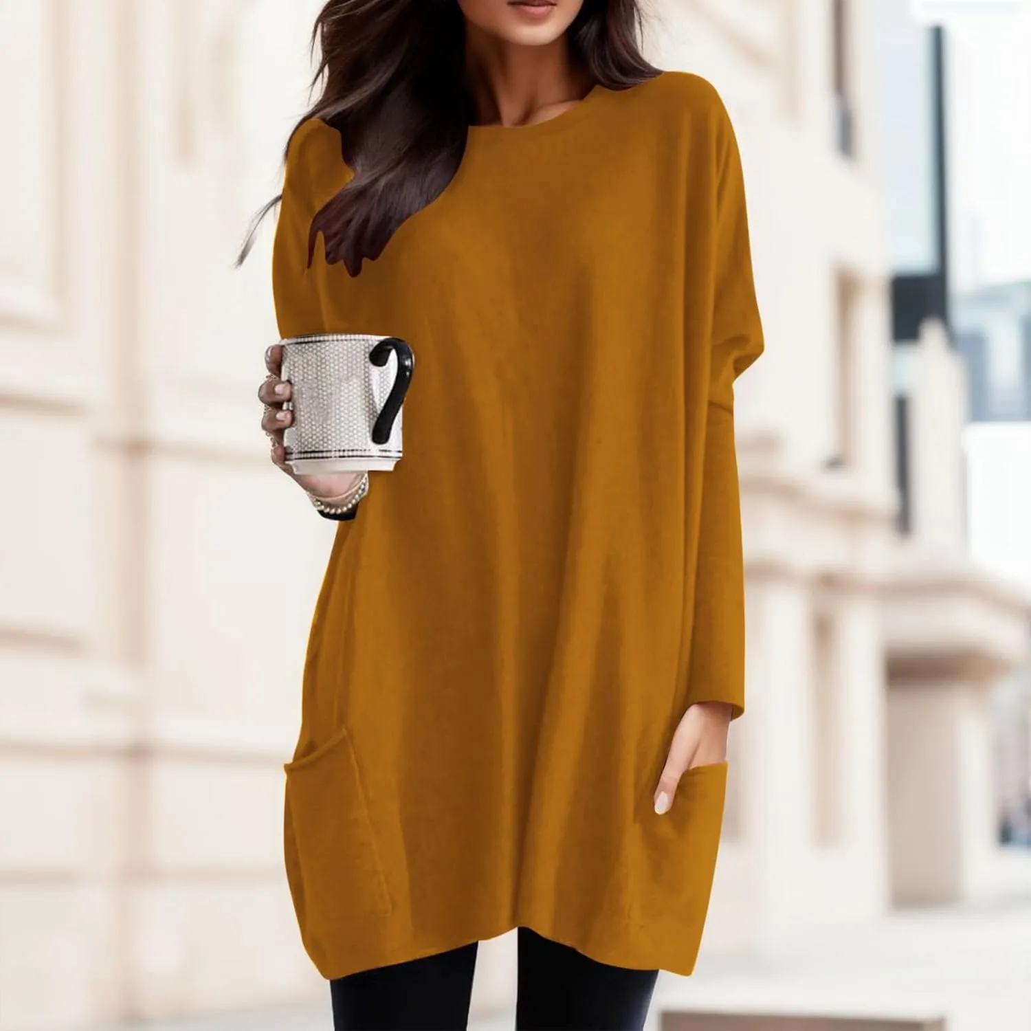 Plus Size T Shirts for Women Long Sleeve Round Neck Loose Fit Long T-Shirts with Two Side Pockets Spring Summer Tops