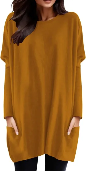 Plus Size T Shirts for Women Long Sleeve Round Neck Loose Fit Long T-Shirts with Two Side Pockets Spring Summer Tops