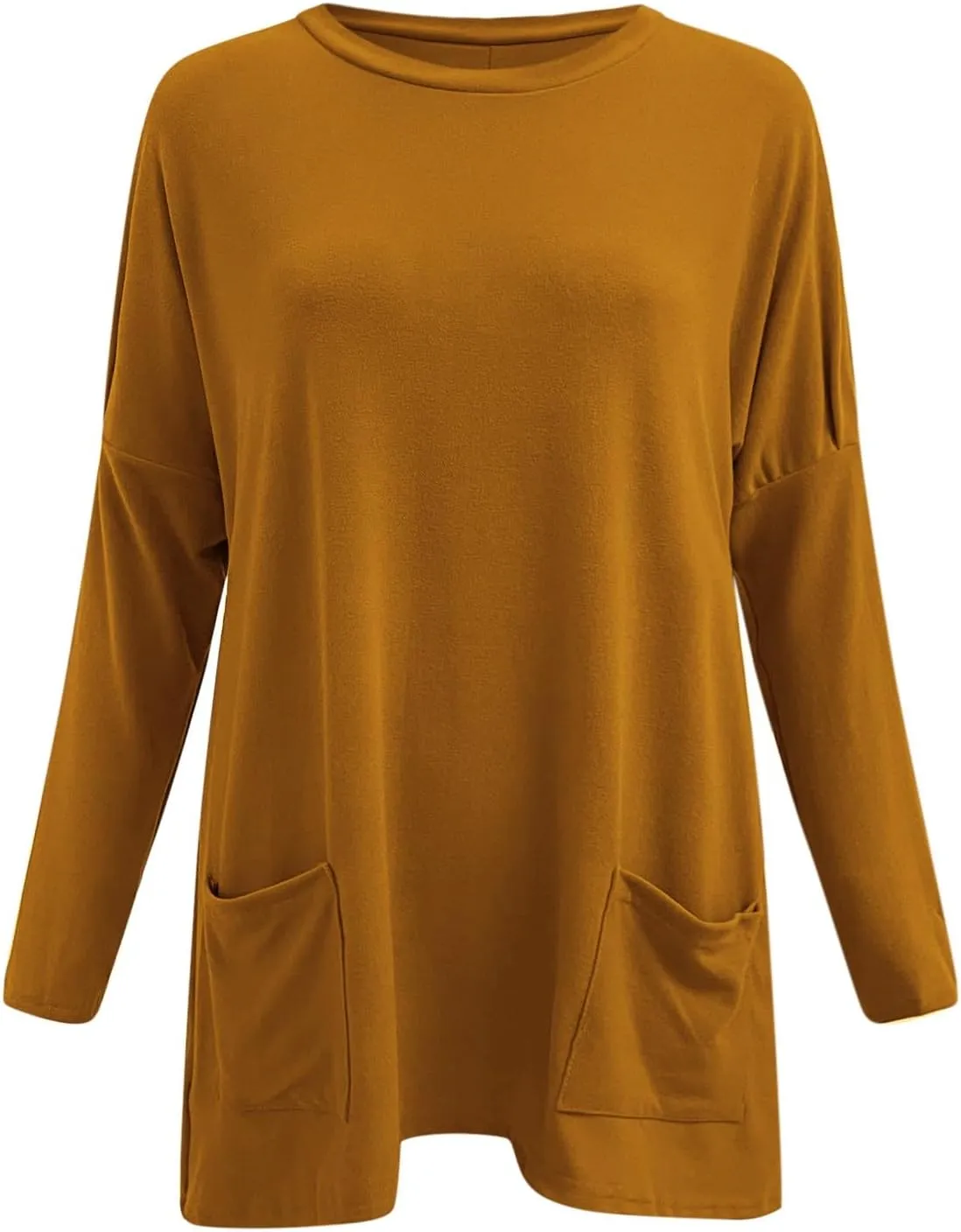 Plus Size T Shirts for Women Long Sleeve Round Neck Loose Fit Long T-Shirts with Two Side Pockets Spring Summer Tops