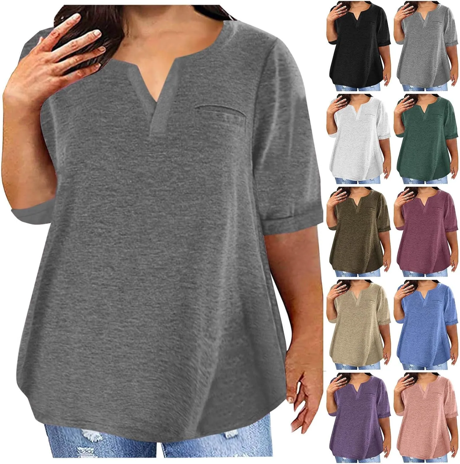 Plus Size Womens Half Sleeve Tops Notched V Neck Casual Loose Tees with Bust Pocket Oversized Solid Tunic Top 5XL