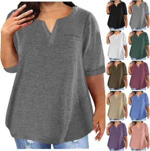 Plus Size Womens Half Sleeve Tops Notched V Neck Casual Loose Tees with Bust Pocket Oversized Solid Tunic Top 5XL