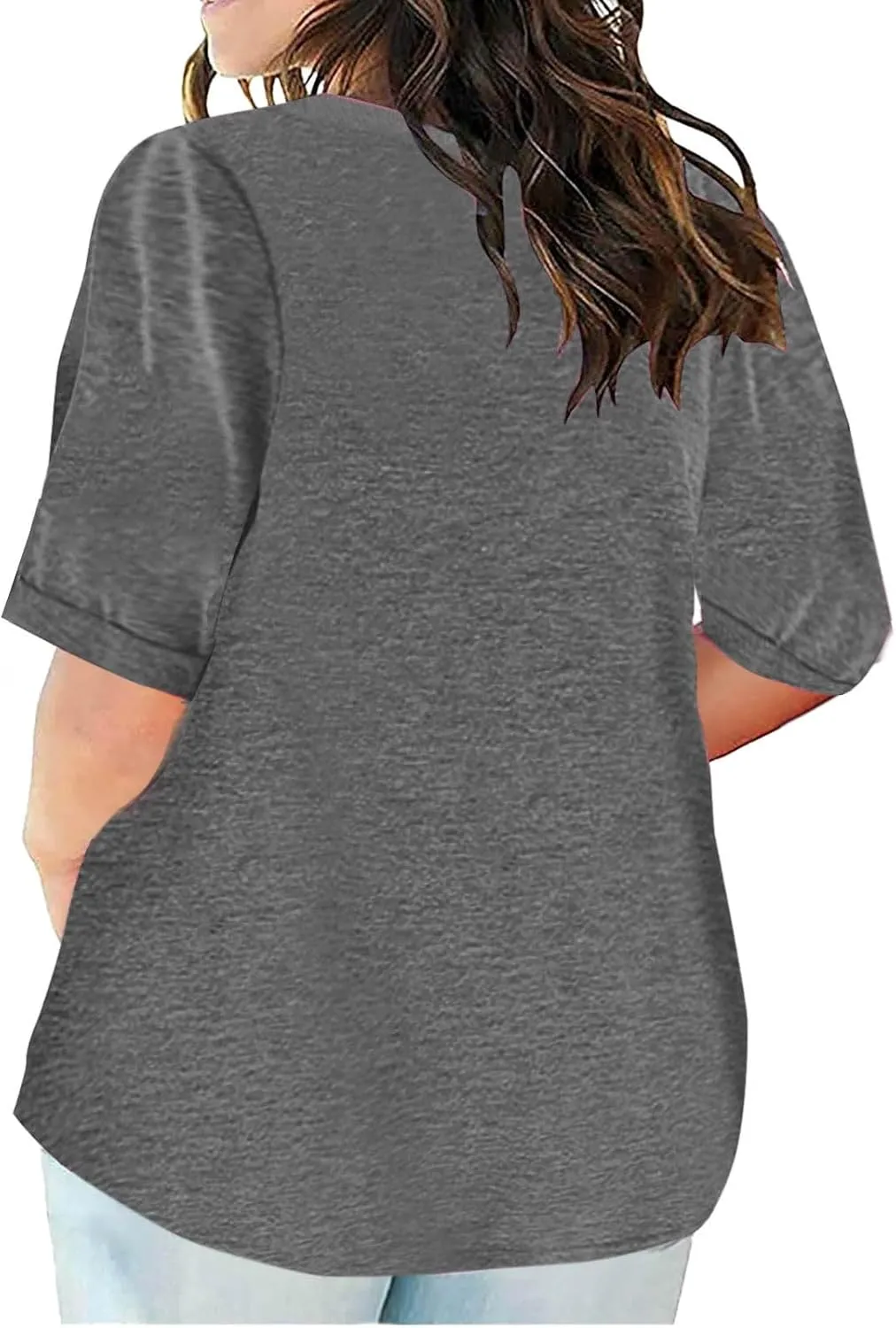 Plus Size Womens Half Sleeve Tops Notched V Neck Casual Loose Tees with Bust Pocket Oversized Solid Tunic Top 5XL