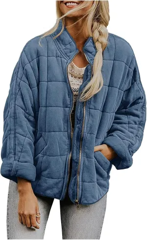 Quilted Jackets for Women Winter Casual Loose Warm Jacket Lightweight Fashion Zip Up Padded Coat Outwear with Pockets