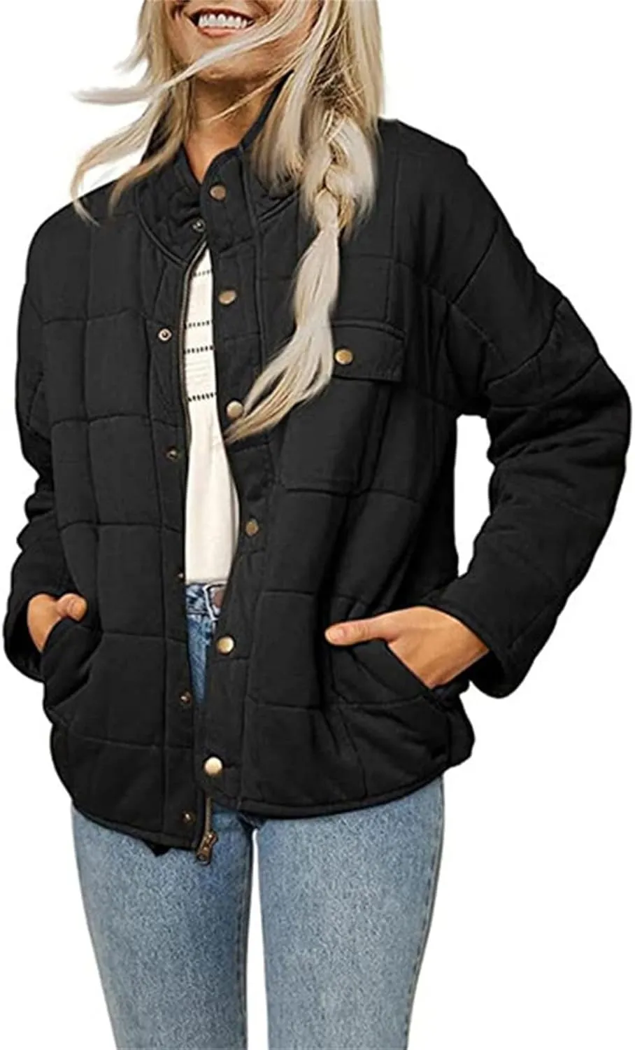 Quilted Jackets for Women Winter Casual Loose Warm Jacket Lightweight Fashion Zip Up Padded Coat Outwear with Pockets