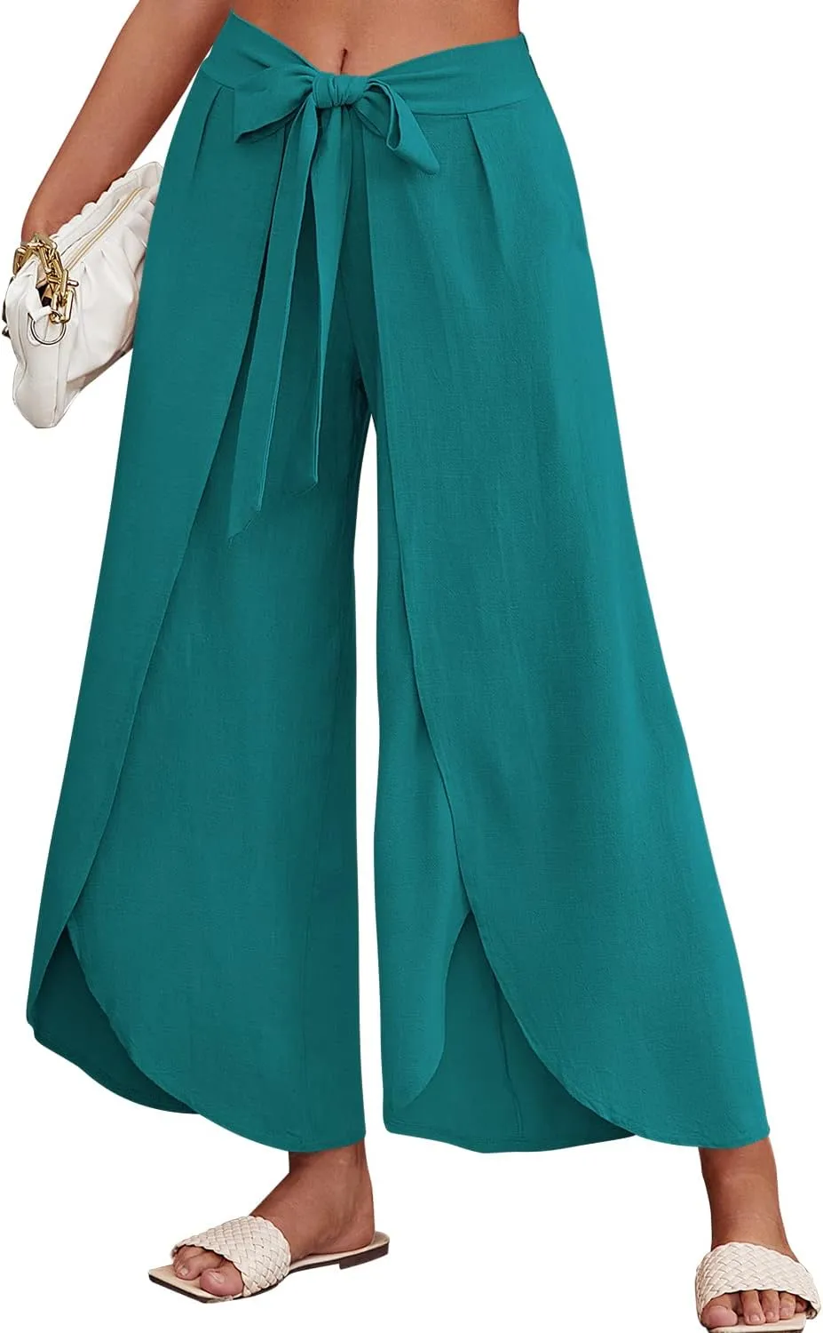ReachMe Womens Casual Palazzo High Waisted Flowy Wide Leg Pants Bowtie Front Split Wrap Pants Trousers