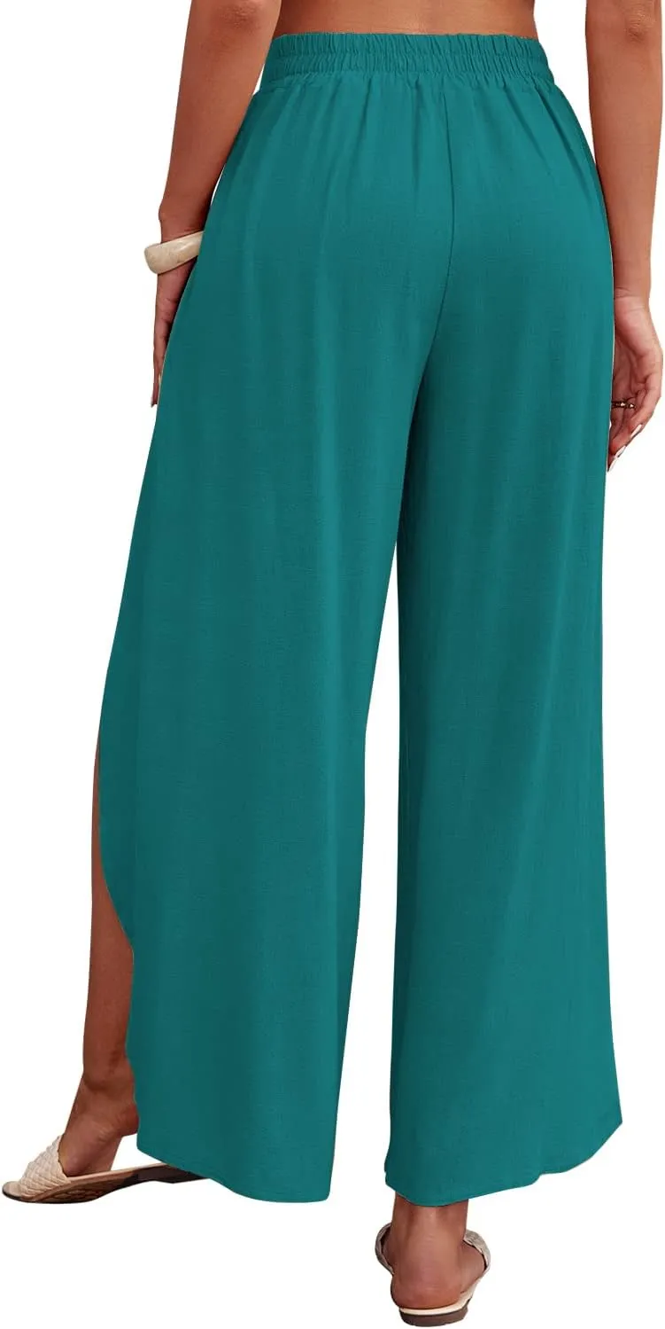 ReachMe Womens Casual Palazzo High Waisted Flowy Wide Leg Pants Bowtie Front Split Wrap Pants Trousers