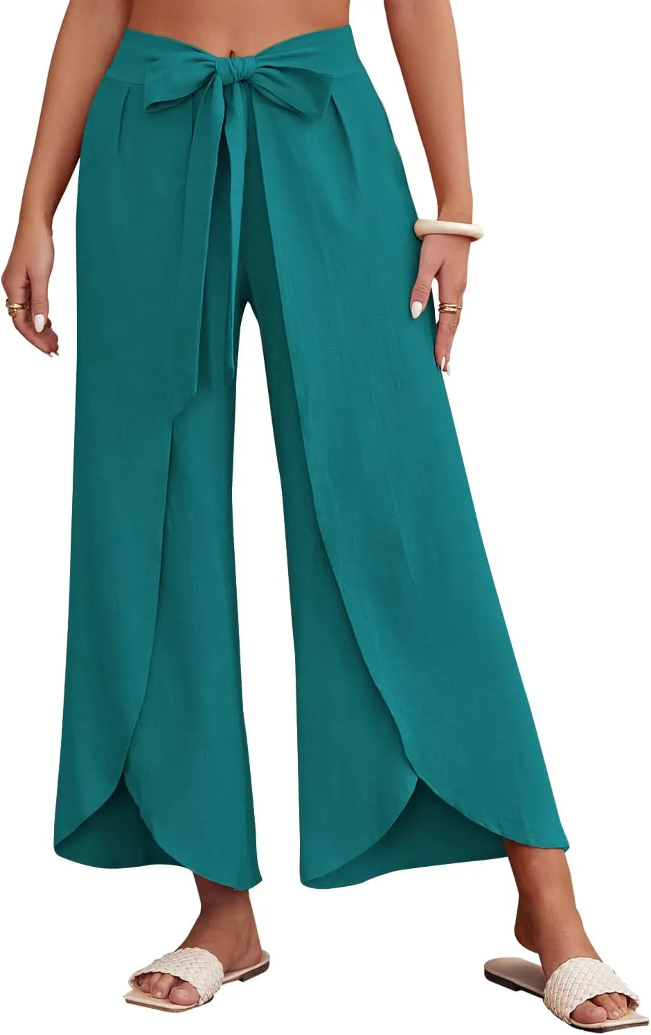 ReachMe Womens Casual Palazzo High Waisted Flowy Wide Leg Pants Bowtie Front Split Wrap Pants Trousers