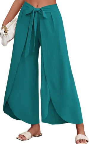 ReachMe Womens Casual Palazzo High Waisted Flowy Wide Leg Pants Bowtie Front Split Wrap Pants Trousers