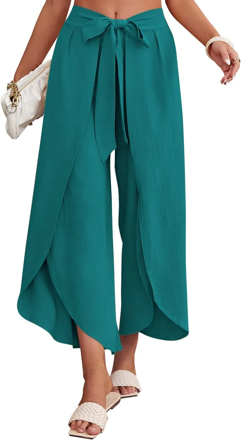 ReachMe Womens Casual Palazzo High Waisted Flowy Wide Leg Pants Bowtie Front Split Wrap Pants Trousers