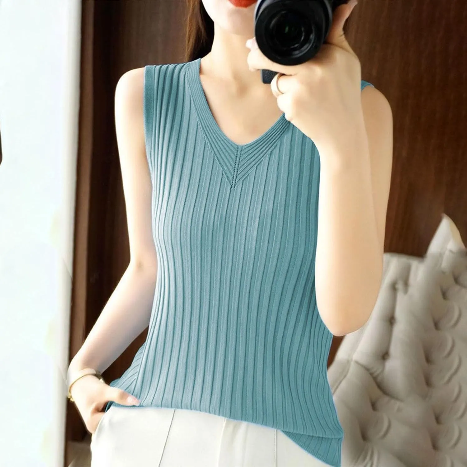 Ruziyoog Tank Top for Women Sleeveless Ribbed Knit V Neck Camisole Casual Loose Fit Summer Basic Sweater Vest