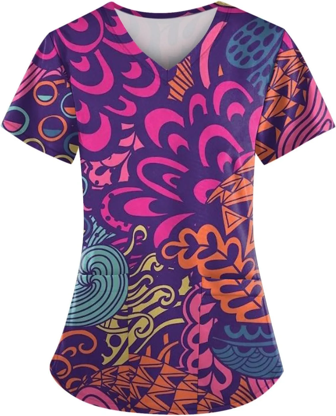 Scrubs for Women Printing Short Sleeve Blouses V Neck Scrubs Tops Soft Stretch Working T-Shirts with Pockets