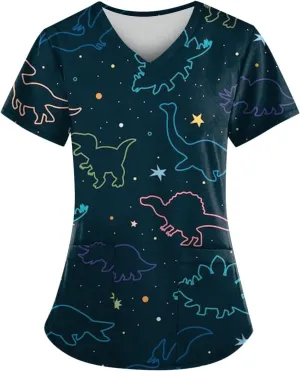 Scrubs for Women Printing Short Sleeve Blouses V Neck Scrubs Tops Soft Stretch Working T-Shirts with Pockets