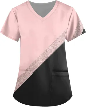 Scrubs for Women Short Sleeve Printing Scrubs Tops V Neck Working T-Shirts Soft Stretch Blouses with Pockets