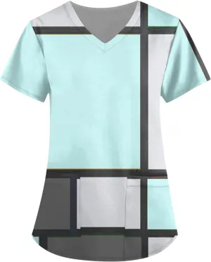 Scrubs for Women Short Sleeve Printing Scrubs Tops V Neck Working T-Shirts Soft Stretch Blouses with Pockets