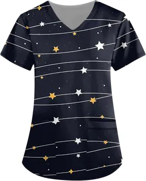 Scrubs for Women Short Sleeve Printing Scrubs Tops V Neck Working T-Shirts Soft Stretch Blouses with Pockets